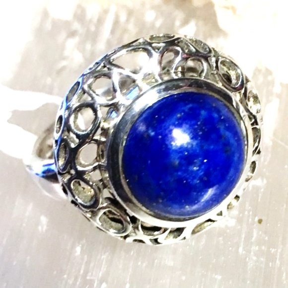 Genuine Lapis Lazuli Round .925 Ring Ornate Silver size 6.5 - Picture 3 of 13